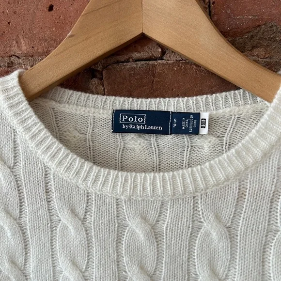 $228 Polo Ralph Lauren cable knit wool and cashmere Sweater in ivory white - Picture 8 of 9